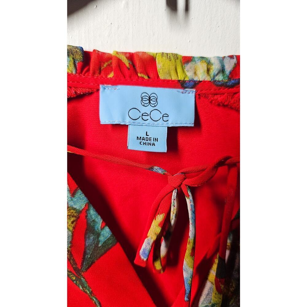 CeCe Women's Fiery Red Island Oasis Floral Tie Neck Blouse Top Size Large - Picture 7 of 7